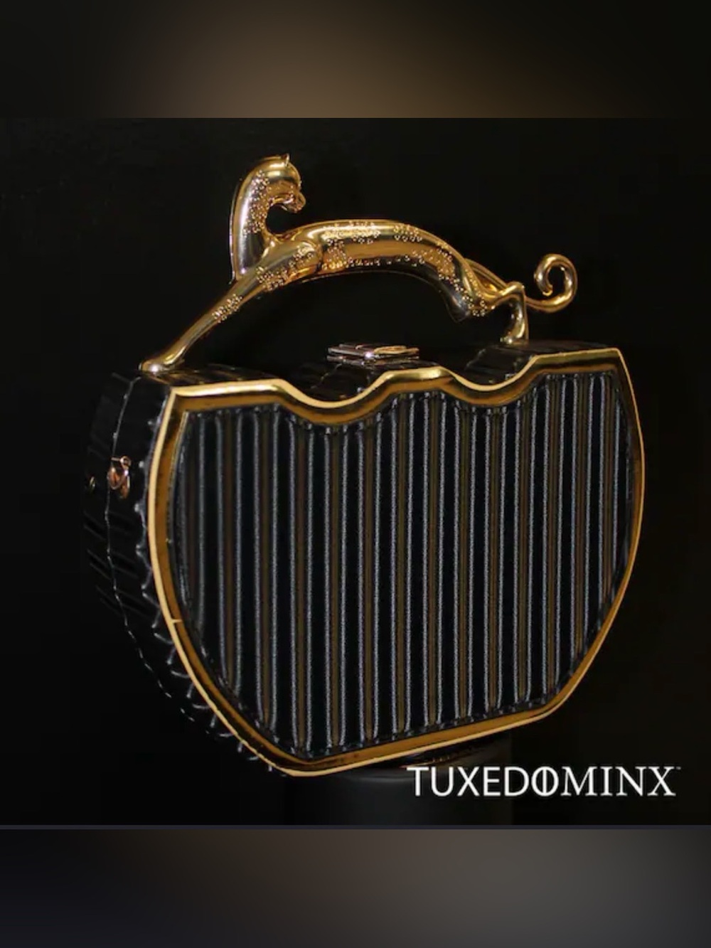 Gold Panther Handle Black Striped Minaudière Clutch